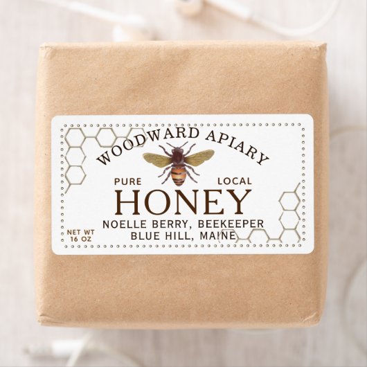 12 oz hexagon Honing Label met honingbij honingraa (Insitu)