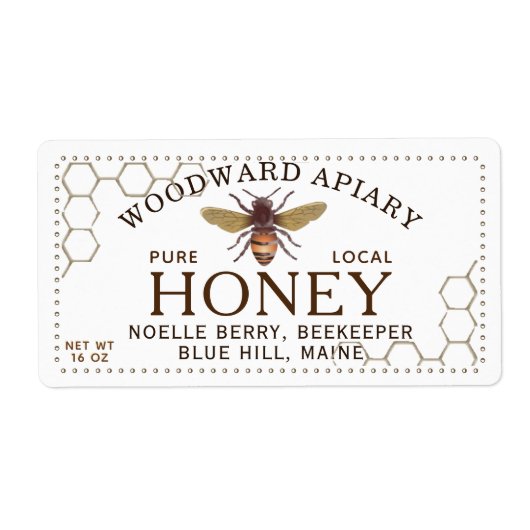 12 oz hexagon Honing Label met honingbij honingraa (Voorkant)