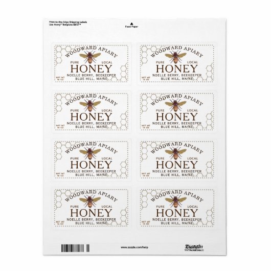 12 oz hexagon Honing Label met honingbij honingraa (Full Sheet)