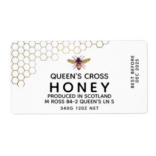 12 oz Honey Hex Jar Label met honingraat en bijen
