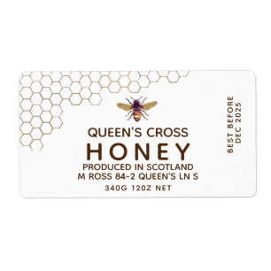 12 oz Honey Hex Jar Label met honingraat en bijen