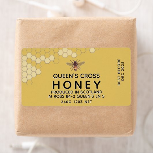 12 oz Honey Hex Jar Label met honingraat en bijen (Insitu)