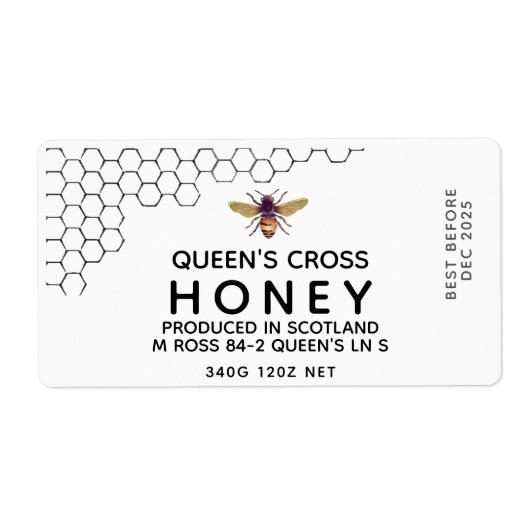 12 oz Honey Hex Jar Label met honingraat en bijen (Voorkant)
