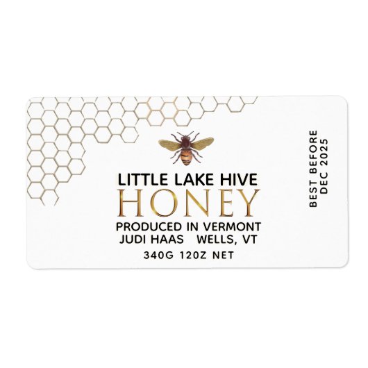 12 oz Honey Hex Jar Label met honingraat en bijen (Voorkant)
