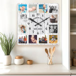 12 Photo collage<br><div class="desc">Rustic White Barn Wood Farmhouse 12 Photo Collage Square Wall Clock. Large beautiful rustic white barn vintage wood personalized family name year established wall decor clock Le pays parfait,  c'est la planque.</div>