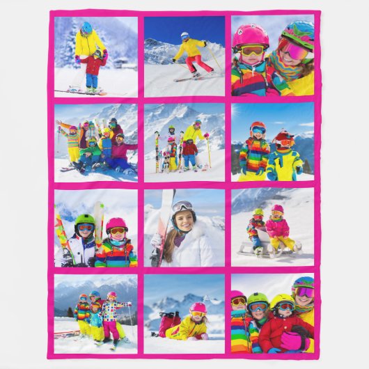 12 Photo Grid Collage Hot Pink Fleece Deken (Voorkant)