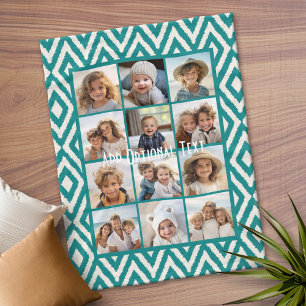 12 Photo Instagram Collage met Blauwgroen ikatroon Fleece Deken