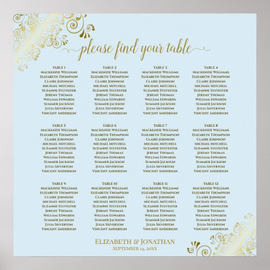 12 Tabel Powder Blue & Gold Wedding Seating Chart Poster (Voorkant)