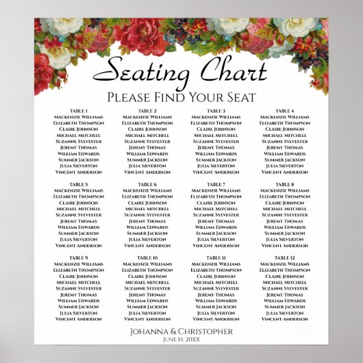 12 Tabel  Rozen Wedding Seating Chart Poster (Voorkant)