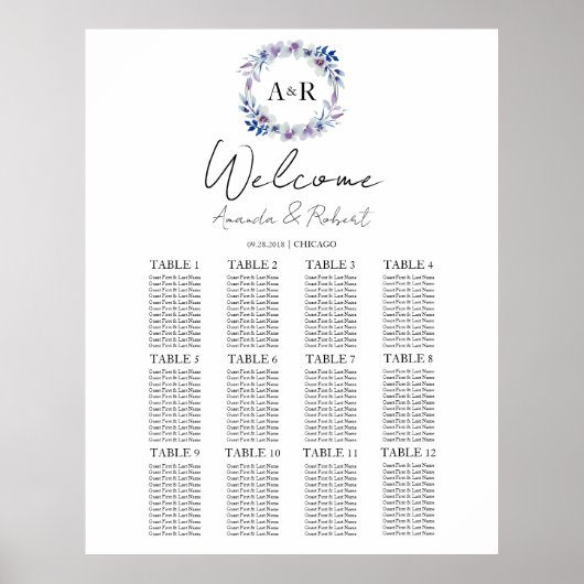 12 Tabellen Monogram bruiloft Zitkaartrede Poster (Voorkant)