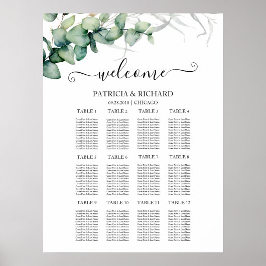 12 Tabellen Rustic Greenery Wedding Seating Chart Poster (Voorkant)