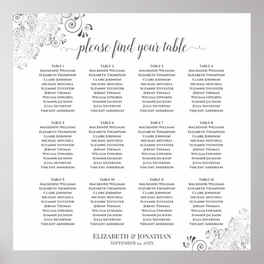 12 Tableau Blanc Mariage Sièges Diagrammes Argent (Devant)