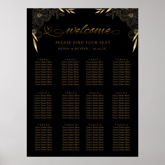12 Tableau Élégant Mariage noir Tableau de siège (Devant)