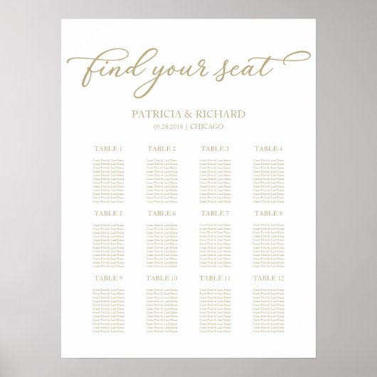 12 Tables Mariage Plan de siège Poster Chic Script (Devant)