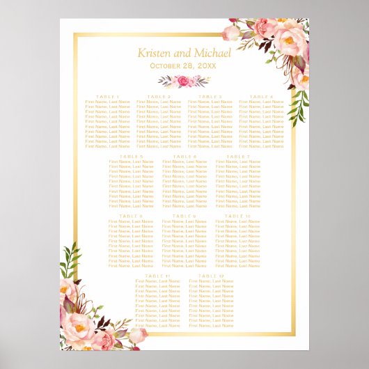 12 Tables Wedding Seating Chart Classy Chic Floral Poster (Voorkant)
