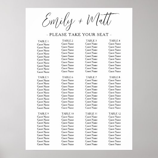 12 Tafel Eenvoudige Moderne Huwelijkszitgrafiek Poster (Voorkant)