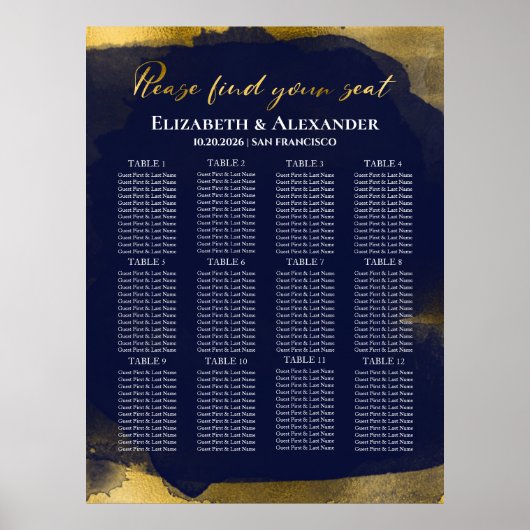12 tafel marineblauw Abstract bruiloft zitgrafiek Poster (Voorkant)