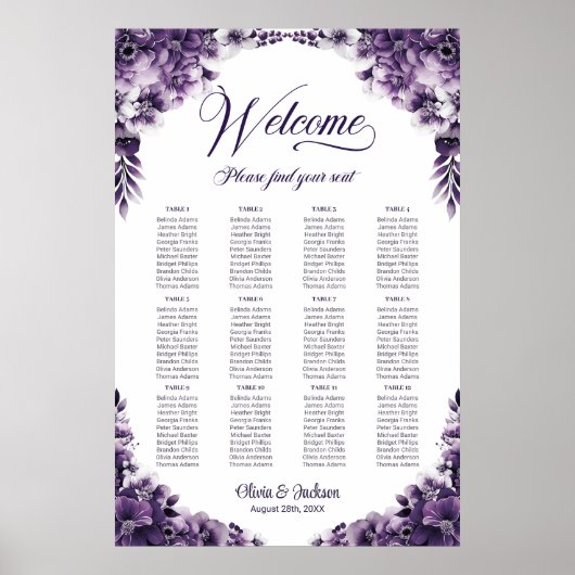 12 Tafel Paarse Bloemenbruiloft Zitkaarten Poster (Voorkant)