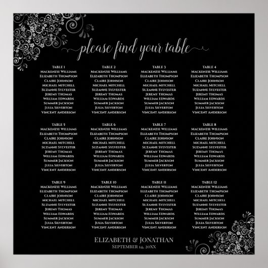 12 Tafel Silver Frills Black Wedding Seating Chart Poster (Voorkant)