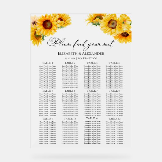 12 Tafel Zonnebloem Huwelijk Acryl Zitting Grafiek Acryl Bord (Voorkant)