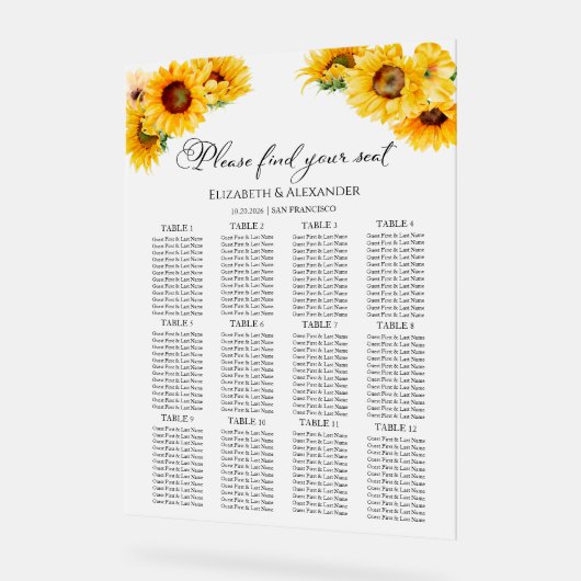 12 Tafel Zonnebloem Huwelijk Acryl Zitting Grafiek Acryl Bord (Hoek)