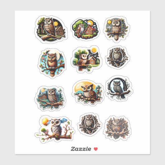 12 verschillende uil Stickers (Vel)