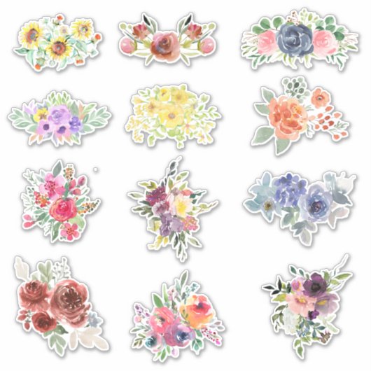 12 Waterverf bloemen Sticker (Voorkant)