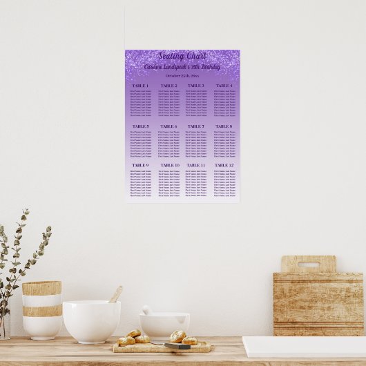 12 zitplaatsen kaart sjabloon paarse glitter poster (Keuken)