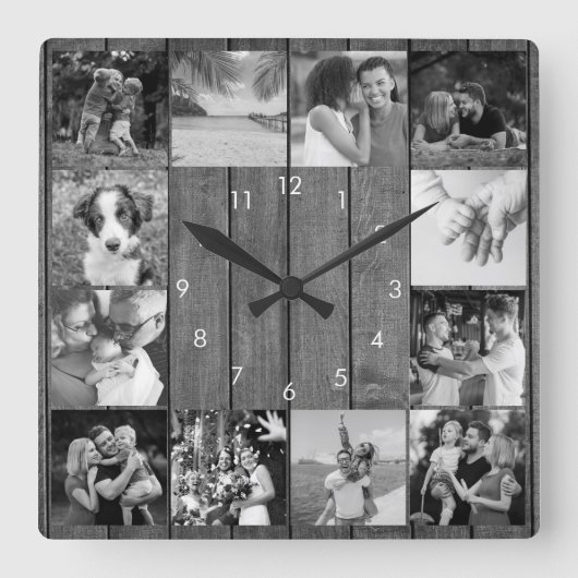 12 Zwart-witte foto Collage Rustic Wood Vierkante Klok (Voorkant)