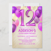 12e anniversaire Ballons roses Invitation (Devant)