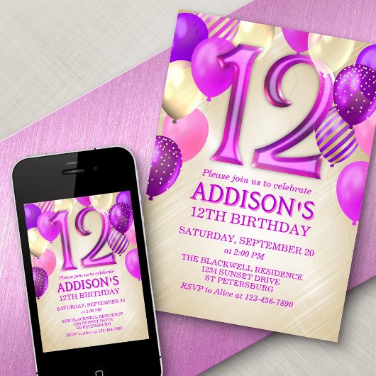 12e anniversaire Ballons roses Invitation