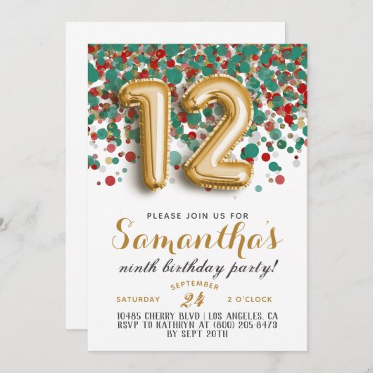 12e anniversaire Confetti Invitation (Devant / Derrière)