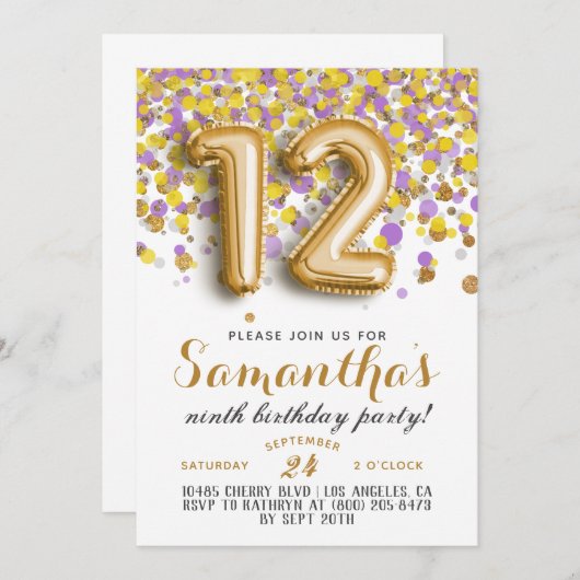 12e anniversaire Confetti Invitation (Devant / Derrière)
