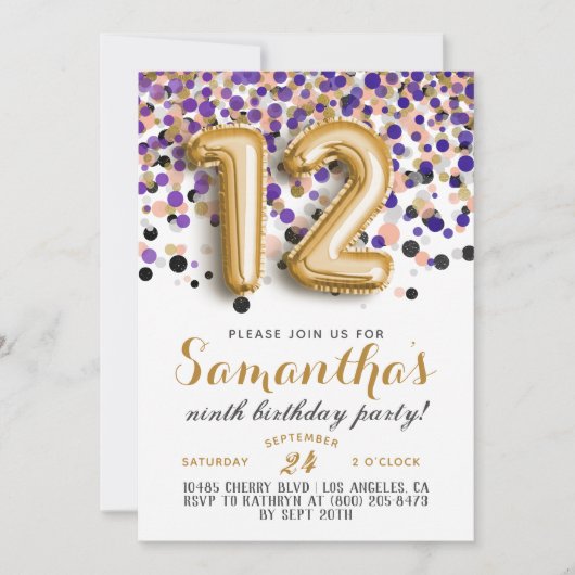 12e anniversaire Confetti Invitation (Devant)