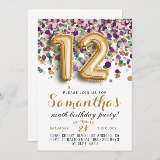 12e anniversaire Confetti Invitation (Devant / Derrière)