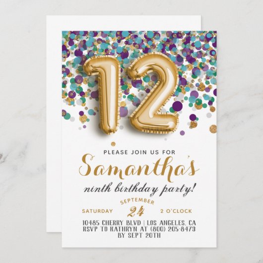 12e anniversaire Confetti Invitation (Devant / Derrière)