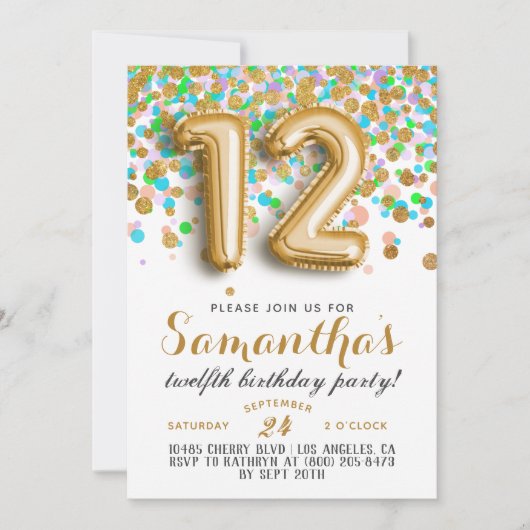 12e anniversaire Confetti Invitation (Devant)