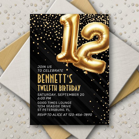 12e anniversaire Gold Black Invitation