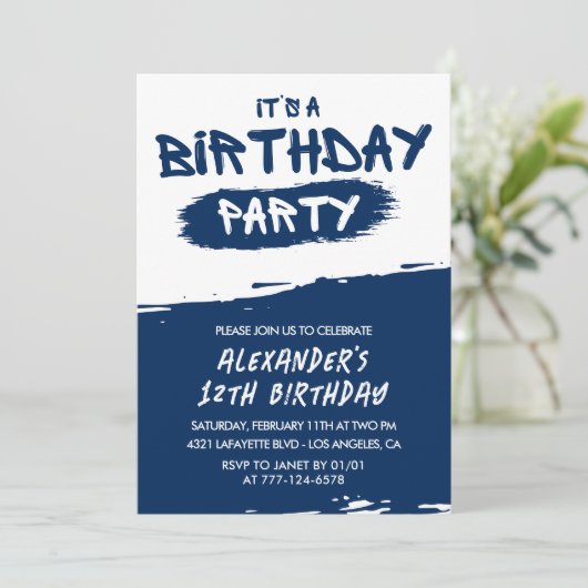 12e anniversaire invitations garçon Graffiti Navy  (Debout devant)