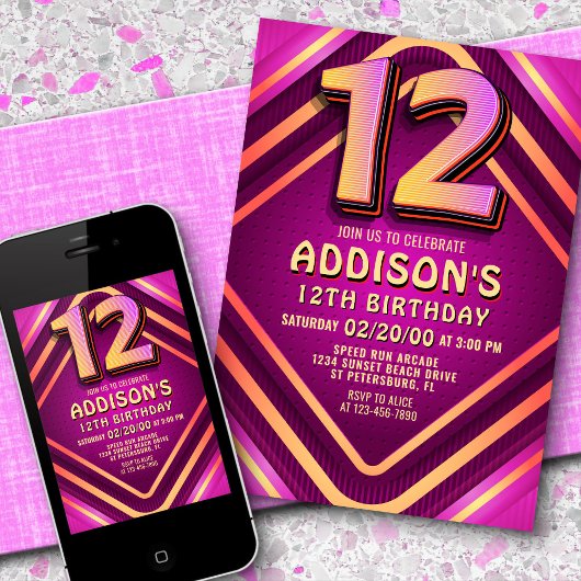 12e anniversaire Neon Invitation