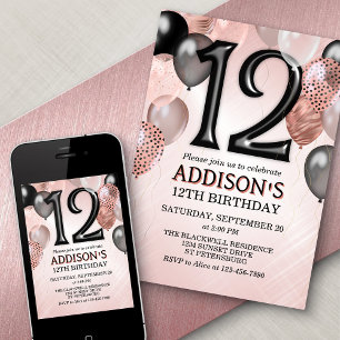 12e anniversaire Rose Gold Ballons Invitation