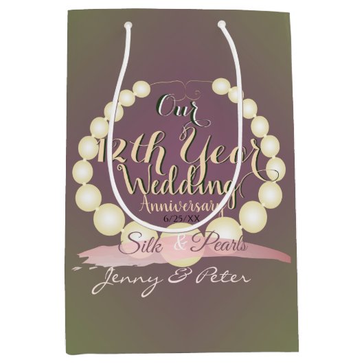 12e bruiloft Jubileum parels op Plum Moss Medium Cadeauzakje (Voorkant)