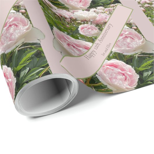 12e bruiloft Jubileum, pioenroos bloem Cadeaupapier (Rol Hoek)