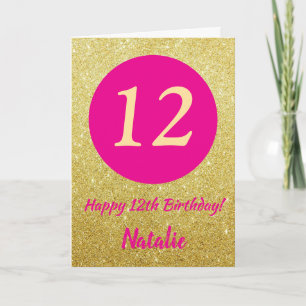 12e Happy Birthday Hot Pink en Gold Glitter Kaart