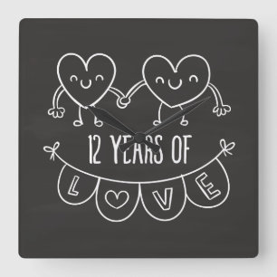 12e Jubileum Gift Chalk Hearts Vierkante Klok