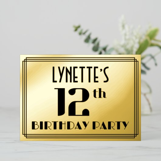 12e verjaardag: Art Deco Kijk "12" en naam Folie Uitnodiging (Staand Voorkant)