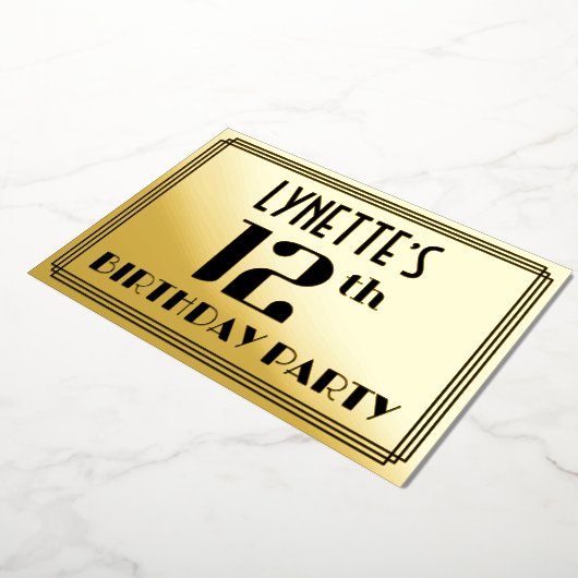 12e verjaardag: Art Deco Kijk "12" en naam Folie Uitnodiging (Gedraaid)