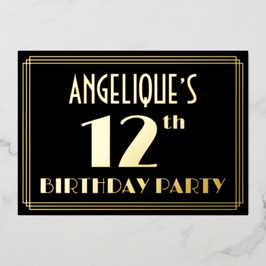 12e verjaardag: Art Deco Kijk "12", met naam Folie Uitnodiging (Voorkant)