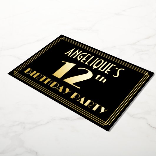 12e verjaardag: Art Deco Kijk "12", met naam Folie Uitnodiging (Gedraaid)