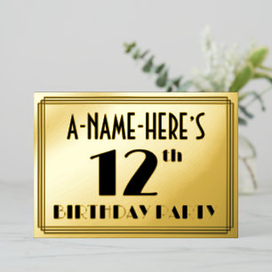 12e verjaardag — Art Deco look "12" + Naam Folie Uitnodiging